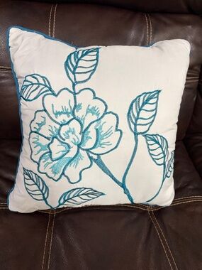 Teal Floral Embroidered Throw Pillow - Unbranded